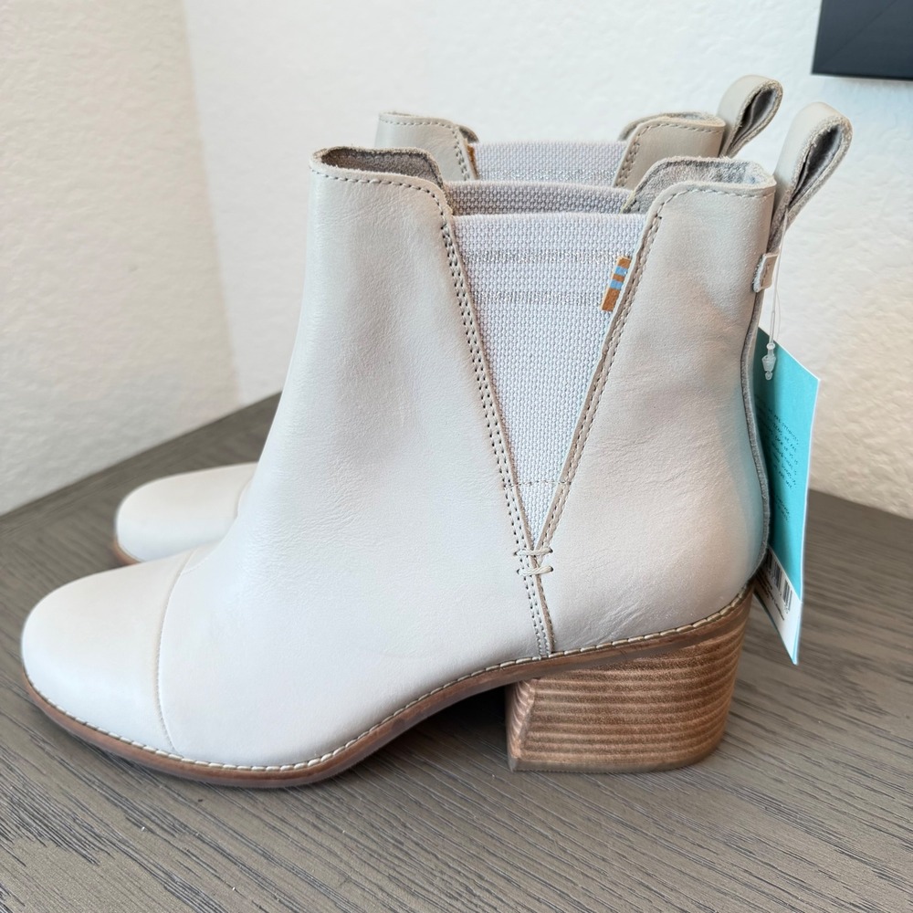 TOMS Marina Birch White Leather Ankle Boots Block Heel‎ Cap Toe Womens 10 - Picture 4 of 10